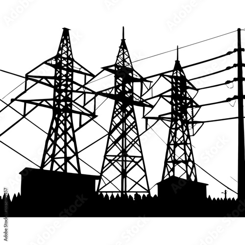 A towering steel pylon carries high-voltage power lines against a vibrant sunset sky
