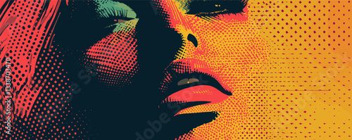 Vibrant pop art style portrait of a woman with bold colors and dot patterns.