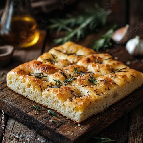 Rustic focaccia bread with rosemary and sea salt on a wooden board in warm light inviting culinary delight