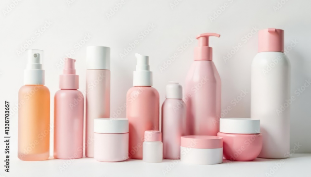 Various cosmetic containers on pure white backdrop, background, shiny Various cosmetic containers on pure white backdrop, background, shiny