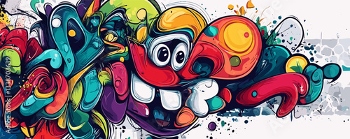 Colorful abstract graffiti art with whimsical faces and shapes in vibrant swirls.