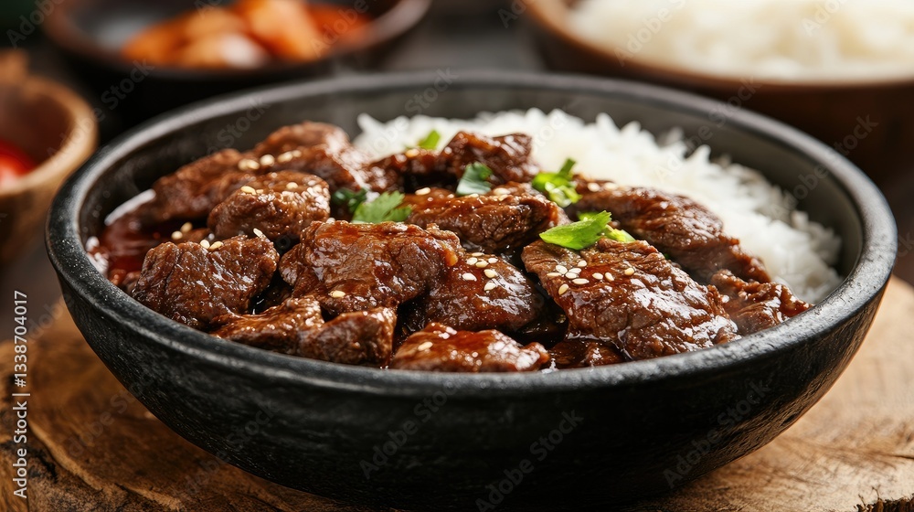 A traditional Korean meal featuring beef bulgogi hot pot, banchan side dishes, and a steaming bowl of white rice. A traditional Korean meal featuring beef bulgogi hot pot, banchan side dishes, and a steaming bowl of white rice.
