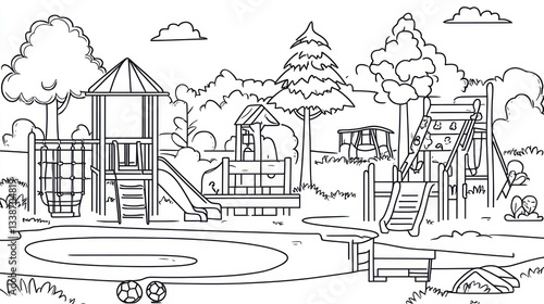 Wallpaper Mural Black and white playground scene, kids play area, outdoors, peaceful, background, illustration, graphic design, coloring book Torontodigital.ca