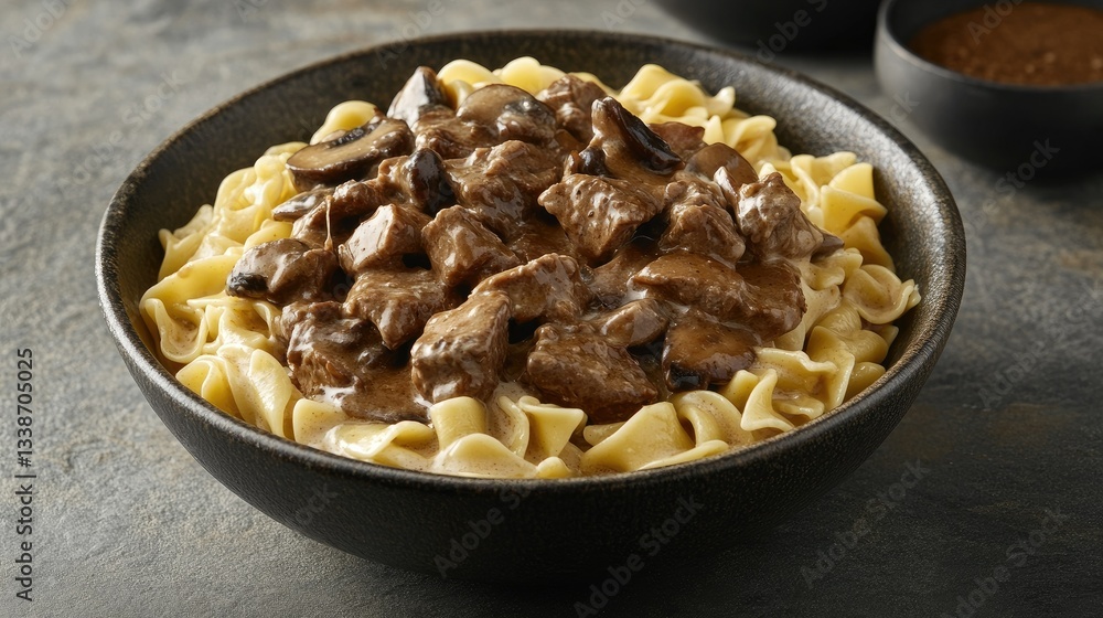 Beef stroganoff in a rustic ceramic bowl, served with egg noodles, mushrooms, and a drizzle of cream, set on a dark stone table Beef stroganoff in a rustic ceramic bowl, served with egg noodles, mushrooms, and a drizzle of cream, set on a dark stone table