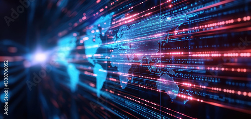 glowing holographic world map with pulsating red and blue light trails, symbolizing global connectivity and data flow in futuristic digital environment