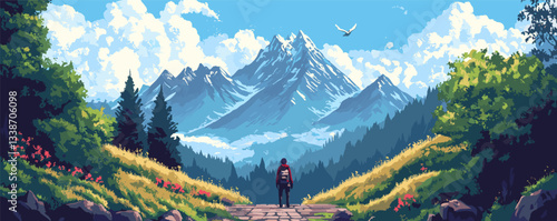 Lone hiker enjoying scenic mountain view under clear blue sky with fluffy clouds and green landscape.