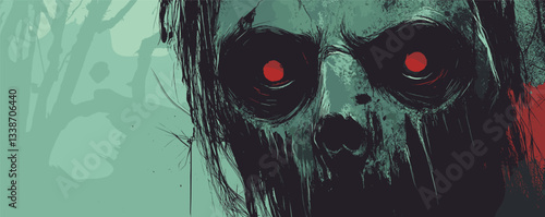 Eerie zombie face with glowing red eyes in dark forest setting.