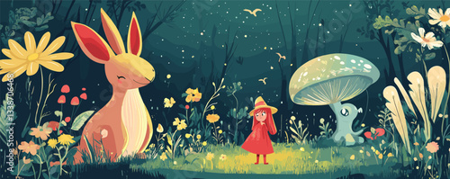 Enchanted forest with girl, giant rabbit, and mushroom creature under a starry night sky.