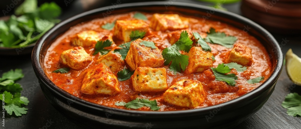 Delicious paneer butter masala in black bowl with cilantro garnish and lime wedge on dark background restaurant style indian cuisine Delicious paneer butter masala in black bowl with cilantro garnish and lime wedge on dark background restaurant style indian cuisine