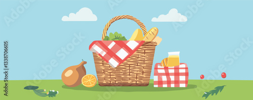Picnic basket with fresh bread and orange on green lawn under blue sky with clouds.