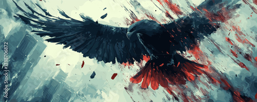 Majestic eagle in flight with dramatic red and black paint strokes.