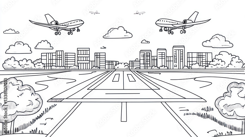 Fototapeta premium Airport Runway with Planes Taking Off, City Background, Illustration, Educational Material