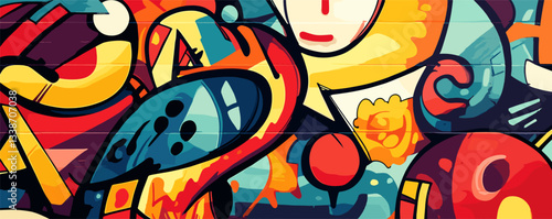 Colorful abstract street art with bold shapes and vivid patterns on a brick wall.