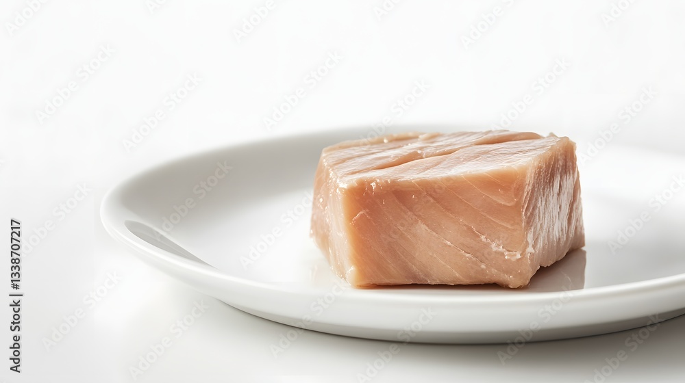 A Single Cube Of Raw Tuna On A White Plate A Single Cube Of Raw Tuna On A White Plate