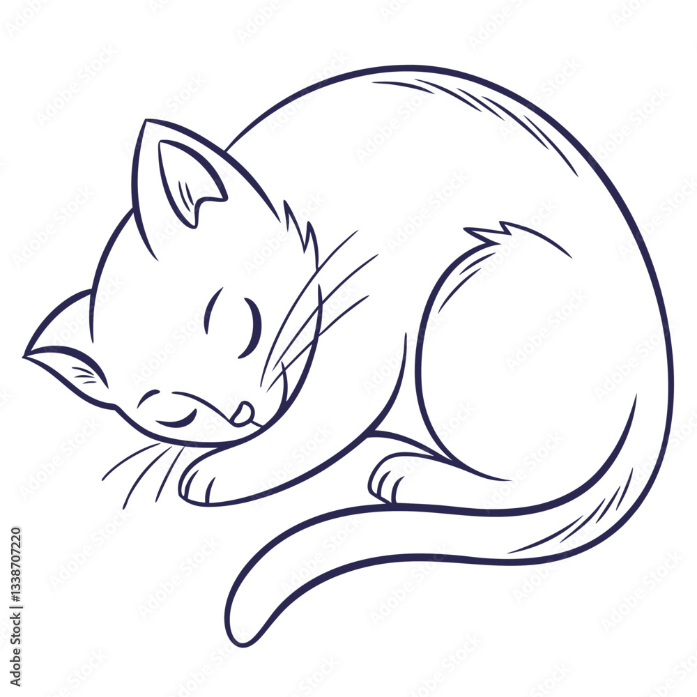 Naklejka premium Minimalist Line Art of a Sleeping Cat in a Curled Position
