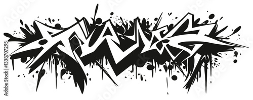 Black and white graffiti design with dripping paint effect.