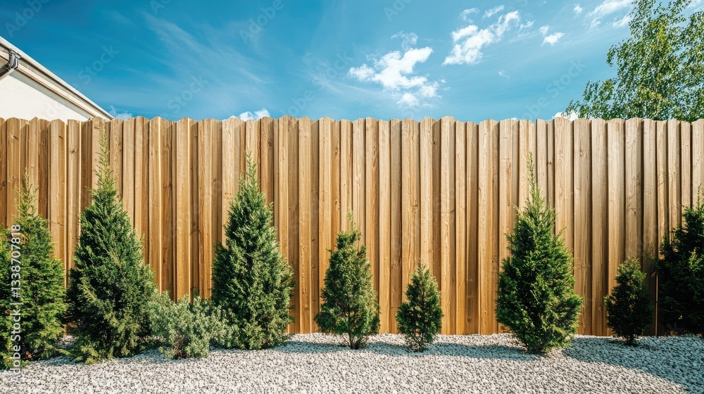 Fototapeta premium A landscaped yard with a wooden fence, small fir trees, and a bright blue sky in the background.