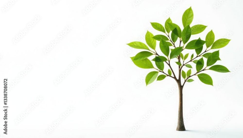 Obraz premium Single young tree, delicate leaves, white backdrop, growth, spring
