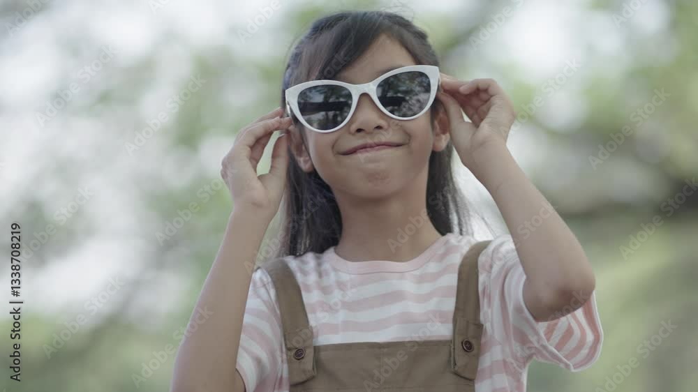 A little girl is wearing sunglasses to protect her eyes. A little girl is wearing sunglasses to protect her eyes.