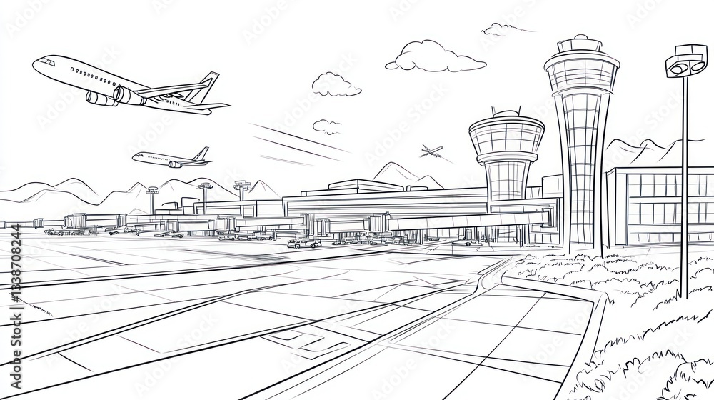 Fototapeta premium Airport sketch with planes and control tower