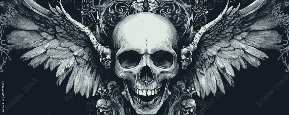 Fototapeta premium Winged skull with ornate patterns and gothic design elements on dark background.