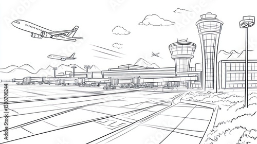 Airport sketch with planes and control tower