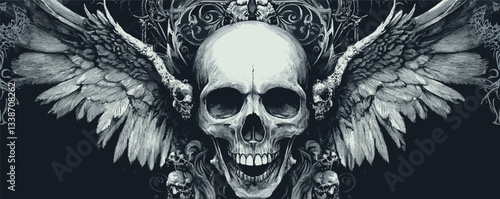 Winged skull with ornate patterns and gothic design elements on dark background.