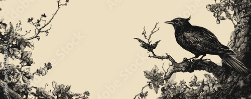 Intricate black bird illustration on branch with blossoming flowers, vintage style art design.