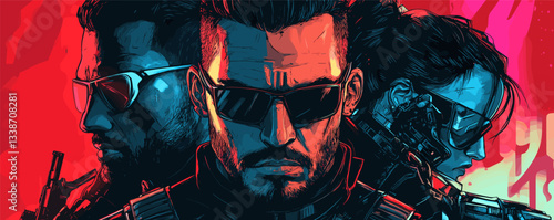 Intense trio of sunglasses-wearing soldiers in dramatic red background.