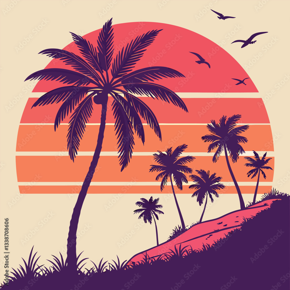 Fototapeta premium Retro 80s Gradient Sunset with Palm Tree