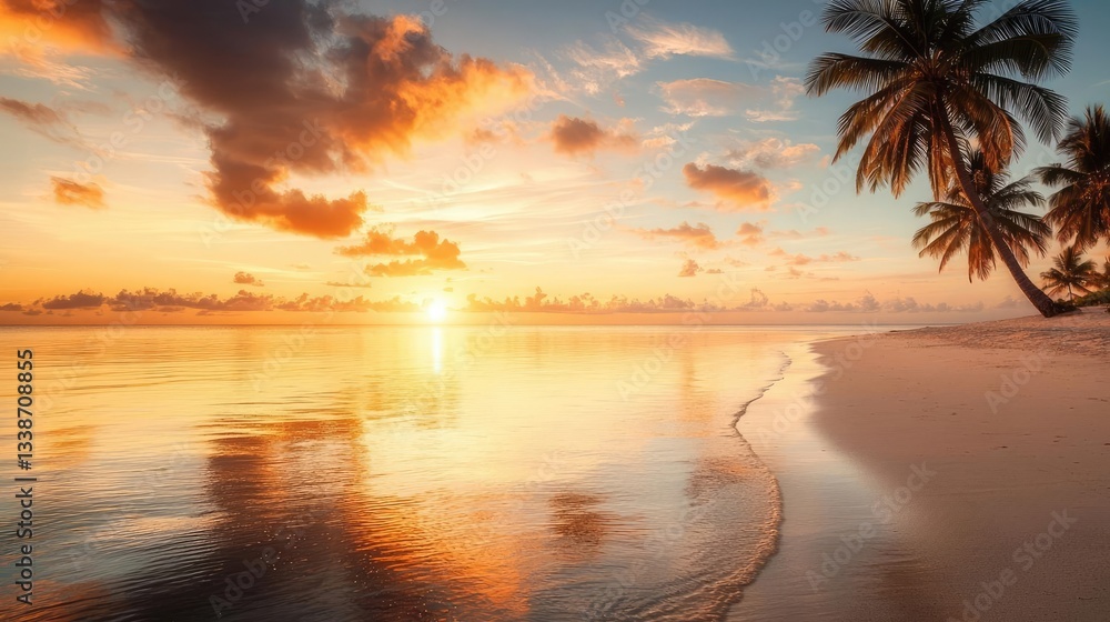 Beach waves landscapes idea. A serene beach at sunset with palm trees and vibrant colors reflecting on calm waters. Beach waves landscapes idea. A serene beach at sunset with palm trees and vibrant colors reflecting on calm waters.