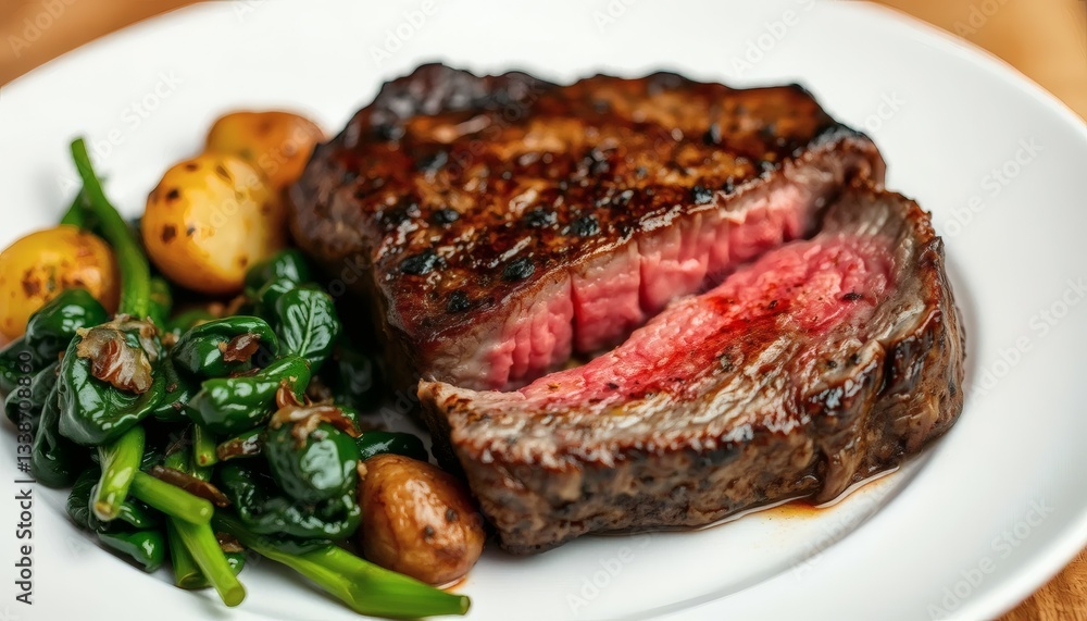 Delicious Grilled Steak with Vegetables on White Plate Ready to Eat Delicious Grilled Steak with Vegetables on White Plate Ready to Eat