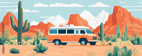 Bright camper van amongst majestic red rock desert with cacti under clear blue skies.