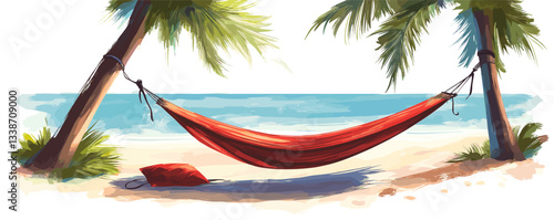 Tranquil beach scene with red hammock between palm trees and ocean waves.