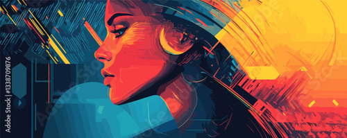 Vibrant abstract portrait of young woman with colorful geometric patterns.