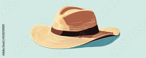 Stylish straw hat with broad brim on light blue background in vector art style.
