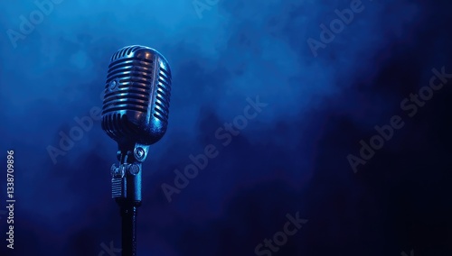 Photo of a microphone with sound waves in the background, representing podcasting and audio recording for a radio studio on a dark blue gradient background.