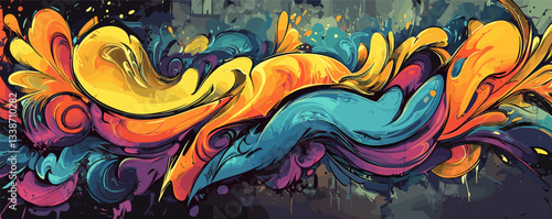 Vibrant abstract street art with colorful swirls and dynamic brushstrokes on textured background.