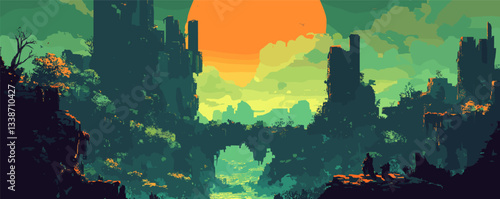 Vibrant green fantasy landscape with ruins and sunset silhouette.