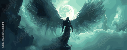 Mysterious winged figure against moonlit sky with cloudy background and dark silhouette.