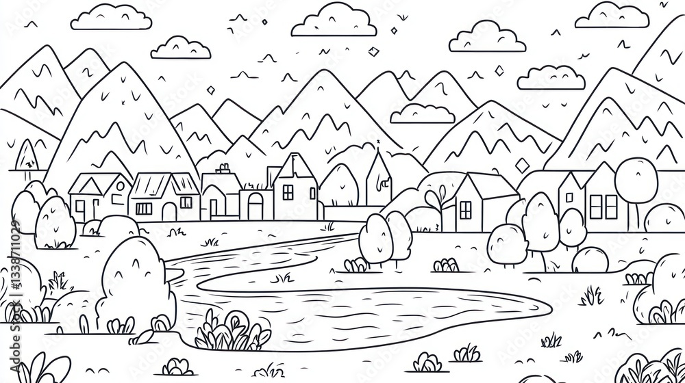Obraz premium Simple line drawing of a village nestled beside a river in a mountain landscape. Suitable for children's books or educational materials