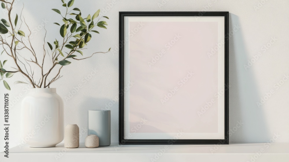 Modern Home Decor Blank Frame Mockup with Greenery and Minimalist Accessories Modern Home Decor Blank Frame Mockup with Greenery and Minimalist Accessories