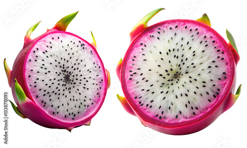 Dragon fruit set, Set of dragon fruits sliced, Fresh fruits isolated