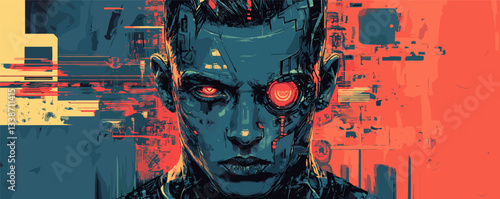 Futuristic cyborg portrait with intricate circuitry and glowing eye in vibrant colors.
