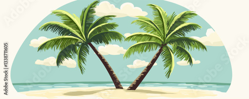 Tropical beach scene with two palm trees on sandy shore under blue sky.