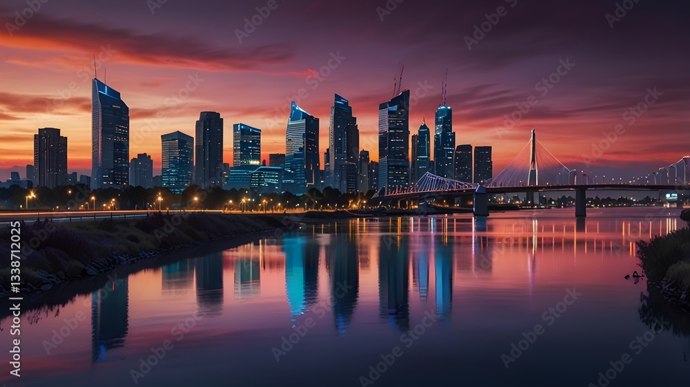 Fototapeta premium futuristic cityscape at sunset with a bright sun on the horizon