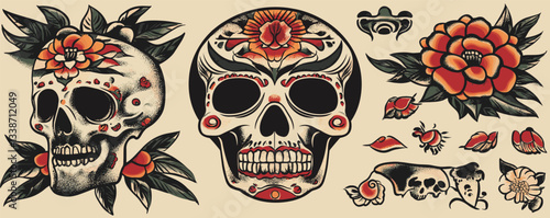 Day of the dead skull art with floral patterns and vibrant colors.