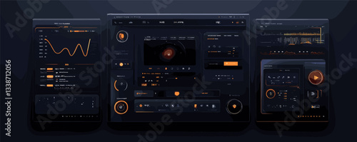 Futuristic dark mode dashboard interface with graphs and controls.