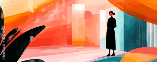Woman standing in a vibrant abstract room with colorful background and bold shapes.