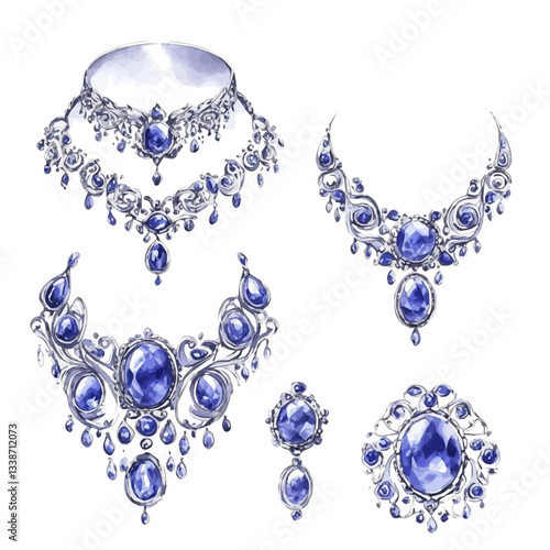 A watercolor vector painting of an intricate silver and sapphire jewelry set, isolated on a white background.

